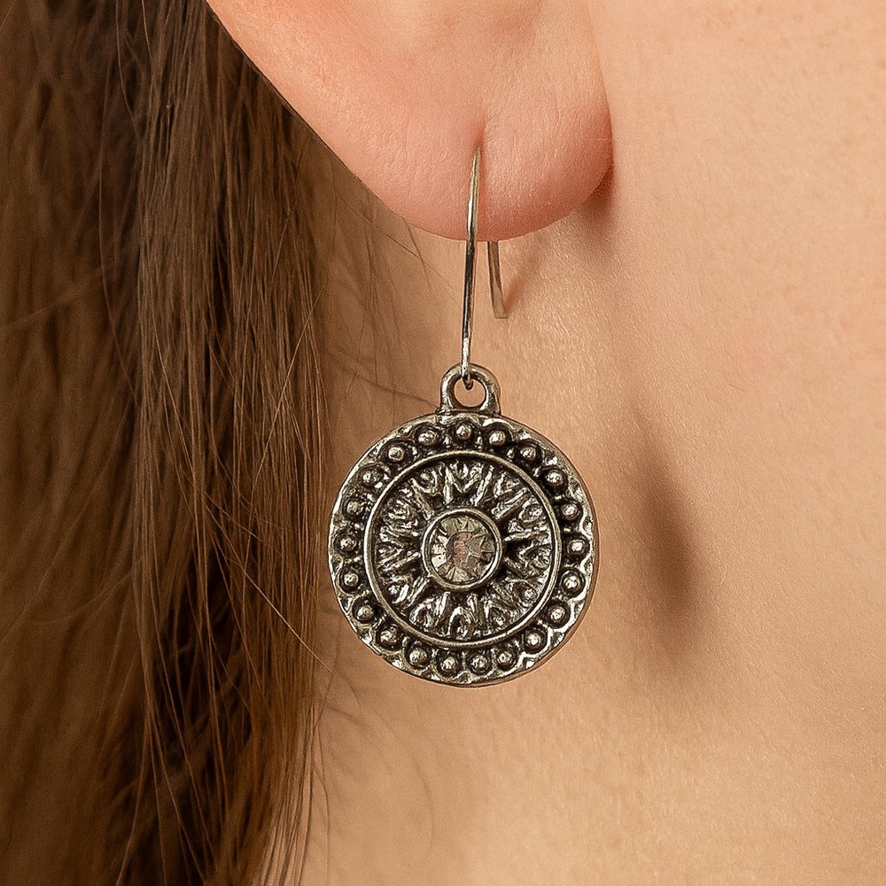 Disc Dangle Earrings Silvertone Crystal center wire pierced 1” long